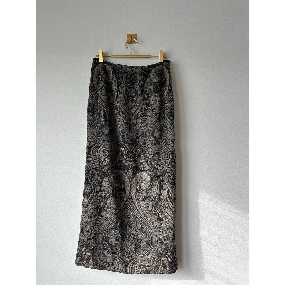 Vintage Paisley Laine Wool Midi Skirt Side Slit | 90s Dark Romantic Tailored